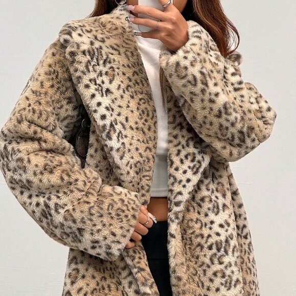 Casual Women's Leopard Print Long Sleeve Faux fur Coat - Picture 4 of 6